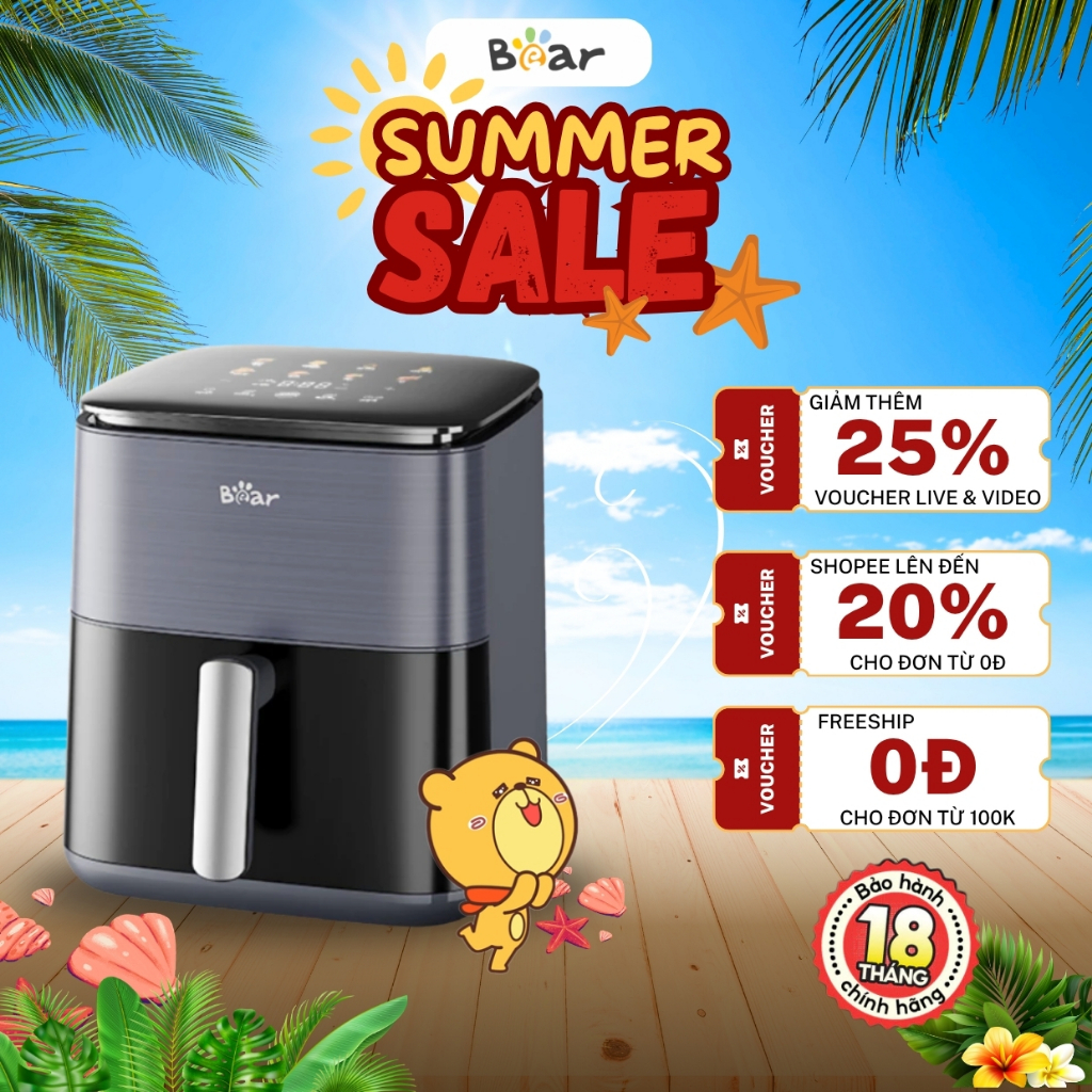 Nồi chiên không dầu 6L Bear AF-4H16K (QZG-H16R3),1600W, Menu cảm ứng, Rã đông, Hẹn giờ, BH 18 Tháng