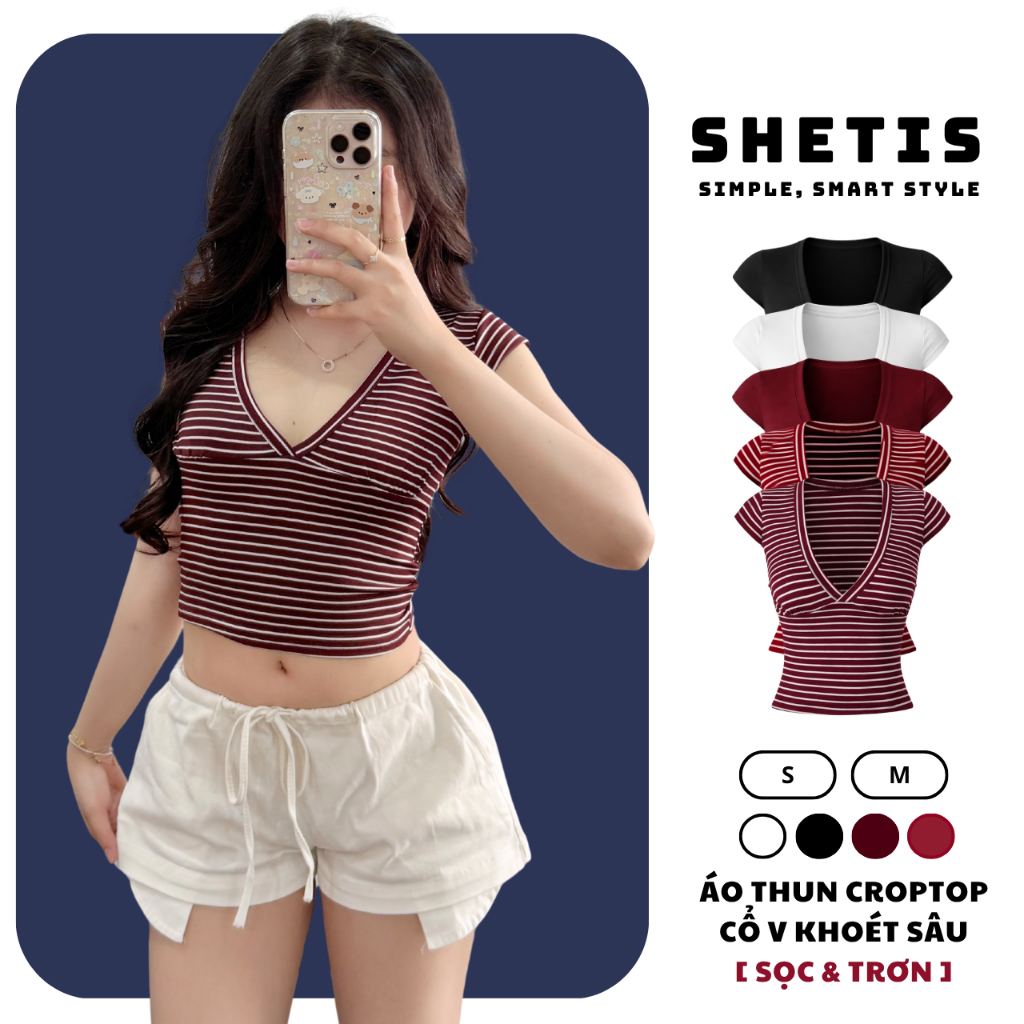 Moana Top - Áo Thun Nữ Cổ V Sâu Nhún Ngực Hoạ Tiết Kẻ Sọc & Trơn Hot Ôm Body Tôn Dáng_A860,A866