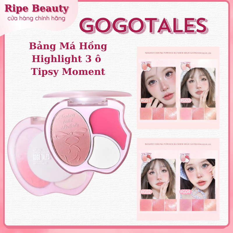 Phấn Má Hồng Gogotales 3 Ô Nhũ highlight Bắt Sáng Mắt Má Kèm Highlight Bắt Sáng Má Hồng