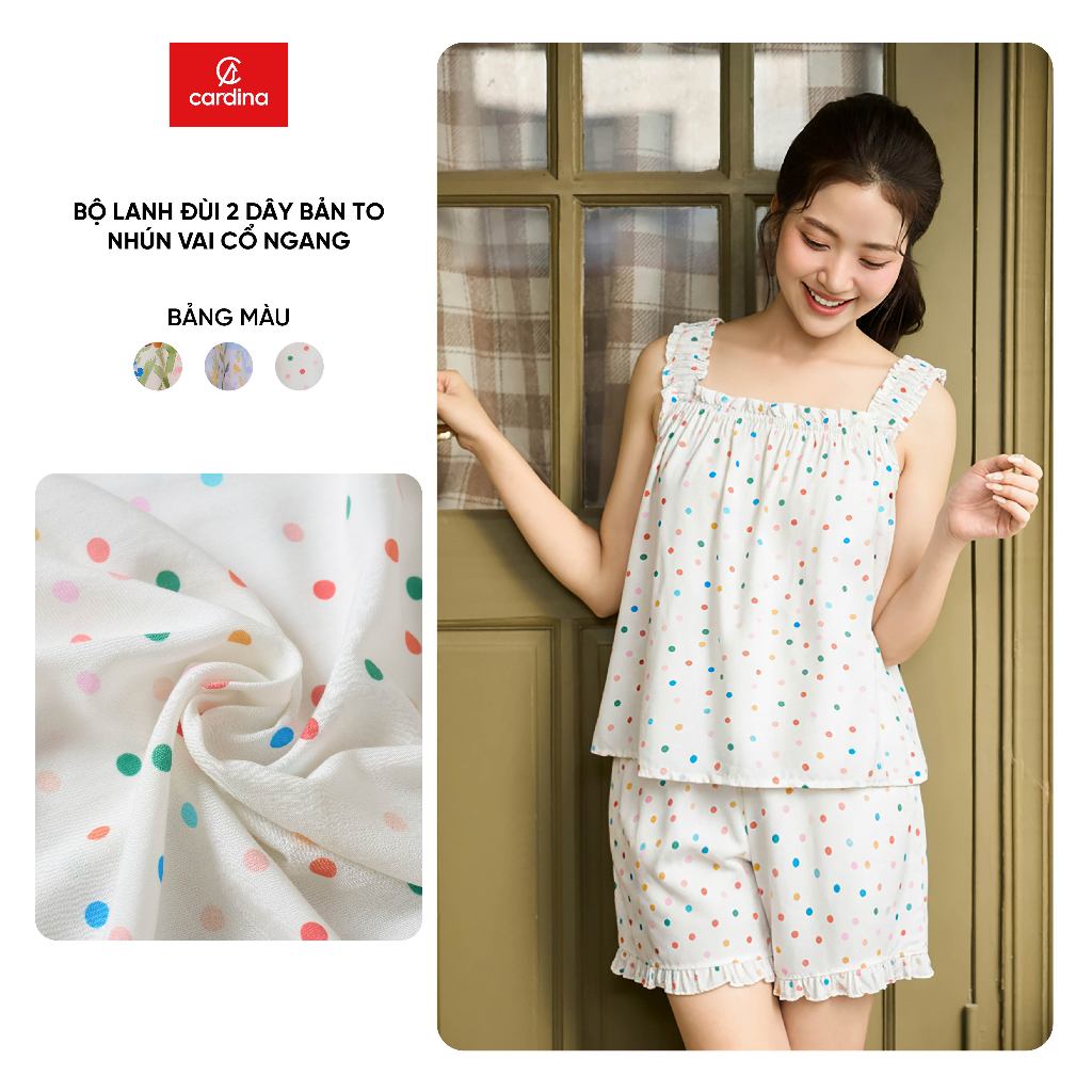 Bộ đồ mặc nhà nữ CARDINA chất liệu lanh đùi áo hai dây bản to nhún vai cổ ngang 6BLN06