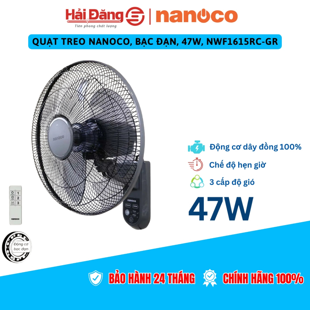 Quạt treo nanoco, bạc đạn, 47W, NWF1615RC-GR, động cơ bền, 3 cấp độ gió, chế độ hẹn giờ.