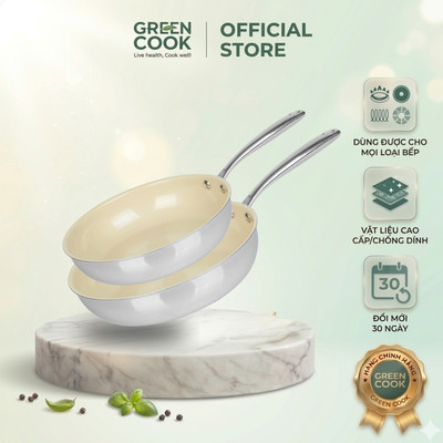 Bộ 2 Chảo Men Gốm Trắng 3 Lớp Inox Nguyên Khối và 4 Lớp Chống Dính PFOA free Green Cook GCP235