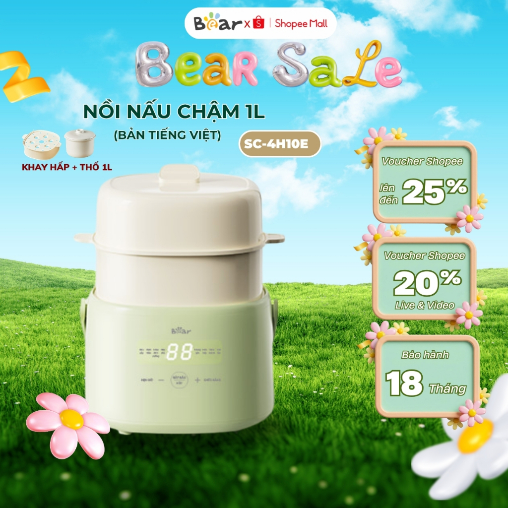Nồi nấu cháo chậm cho bé 1L đa năng Bear SC-4H10E (DDZ-H10M7), 200W, Gốm Sứ, Có Xửng Hấp,BH 18 Tháng