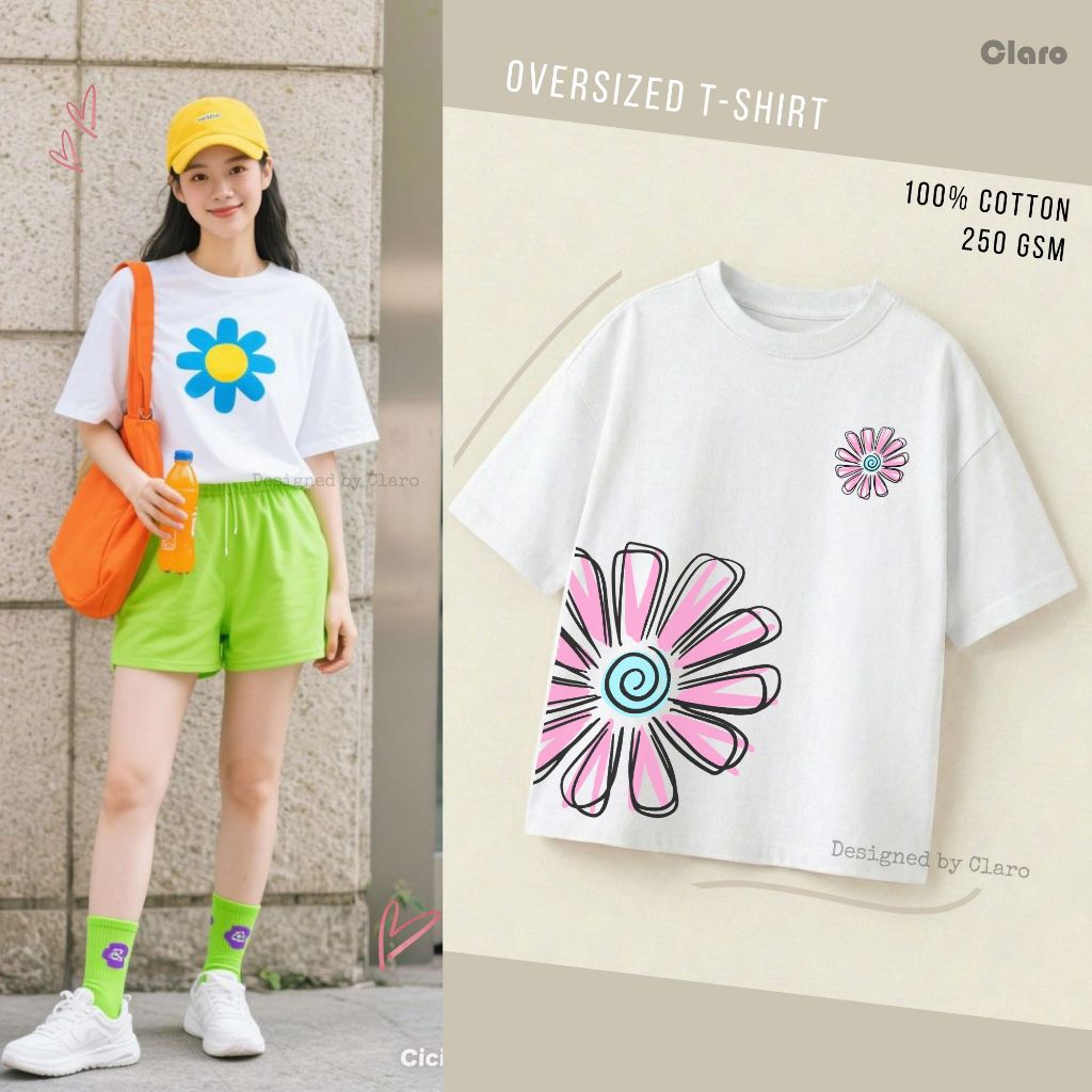 Áo phông nữ ao thun oversize họa tiết hoa xinh xắn phong cách hàn dễ thương