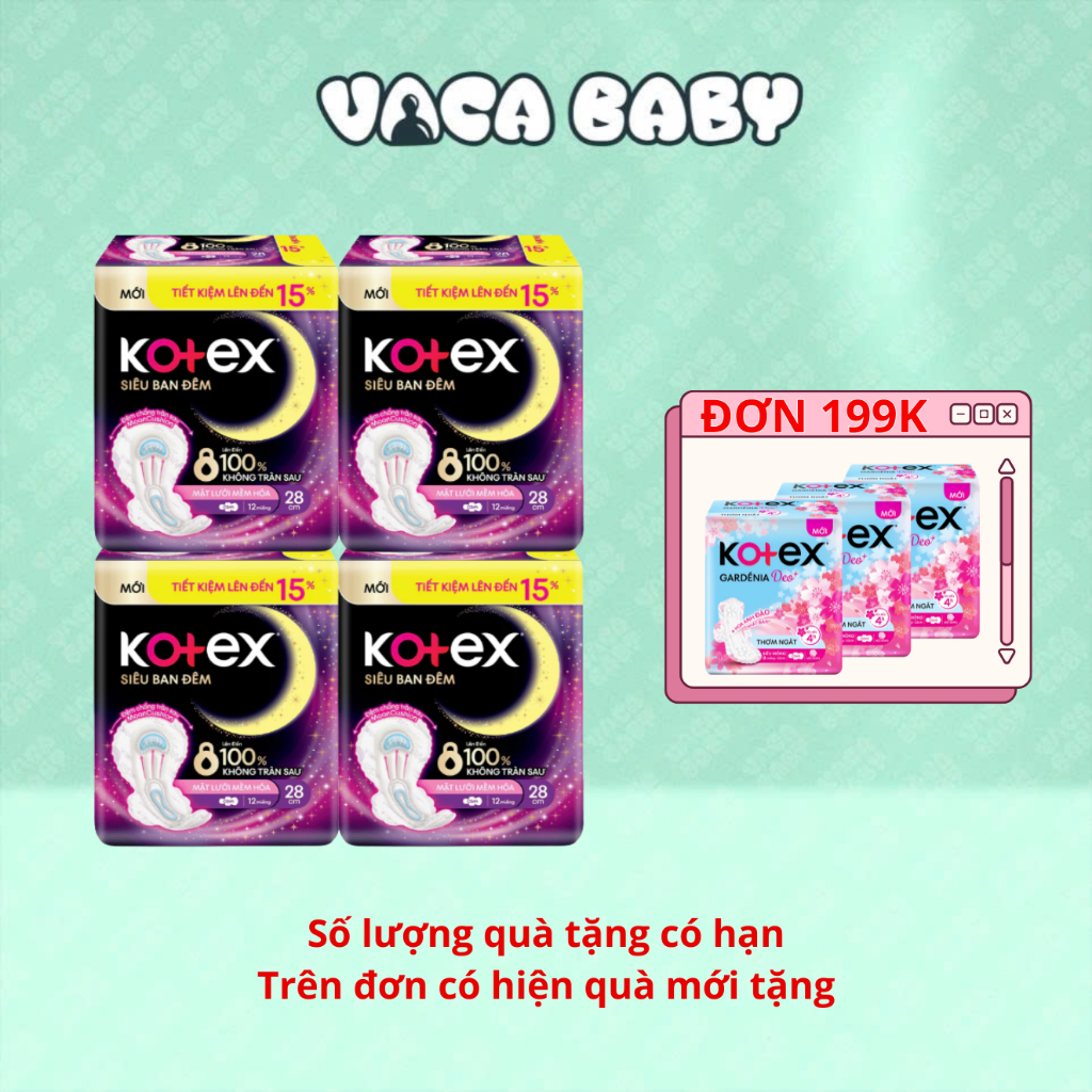 Combo 4 gói BVS Kotex ban đêm 28cm gói 12 miếng/ Kotex ban đêm 35cm gói 8 miếng tiết kiệm Vaca Baby