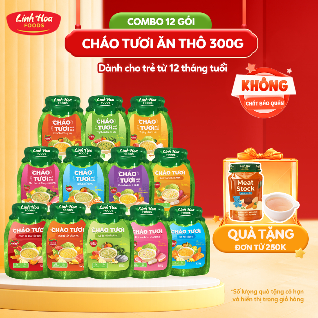 12 vị Cháo Tươi Linh Hoa Foods - Có Gia Vị - 300g (Cháo Tươi, Cháo Mix Hạt Ngũ Cốc..) Cho Bé 12m+  Ăn liền