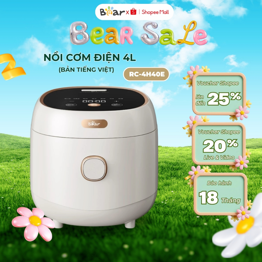Nồi cơm điện Bear 4L RC-4H40E (DFB-C40K6), 800W, 6 chế độ nấu lõi nồi 5 lớp chống dính giữ nhiệt