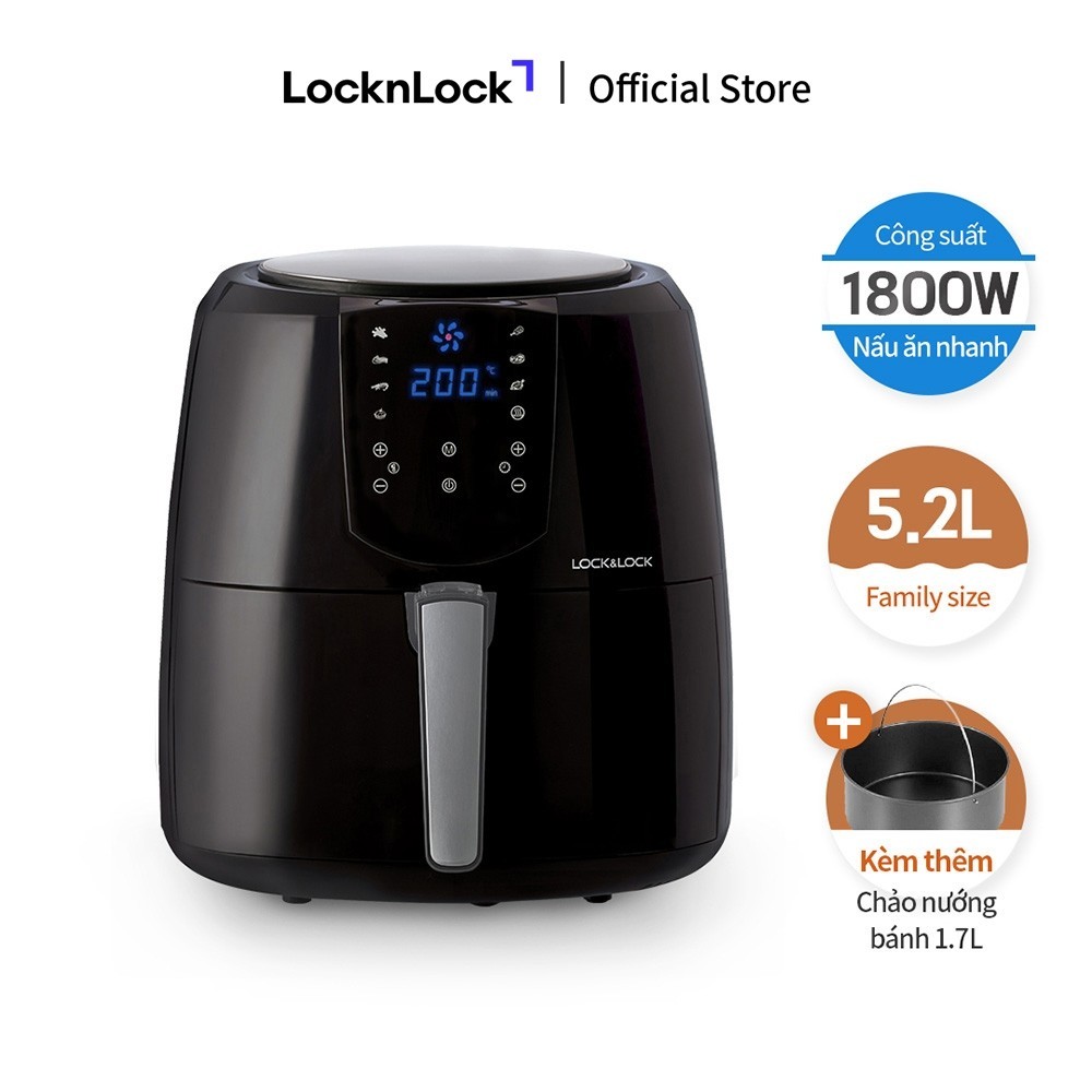 Nồi Chiên Không Dầu Lock&Lock Jumbo Plus Air Fryer 5.2L Màu-đen EJF357BLK 8 menu sẵn, giảm chất béo,