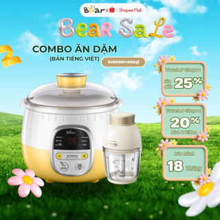 COMBO Nồi nấu chậm 0.8L Bear SUBE001 + Máy xay ăn dặm mini 0.6L Bear D02Q1, Chính Hãng, BH 18 tháng