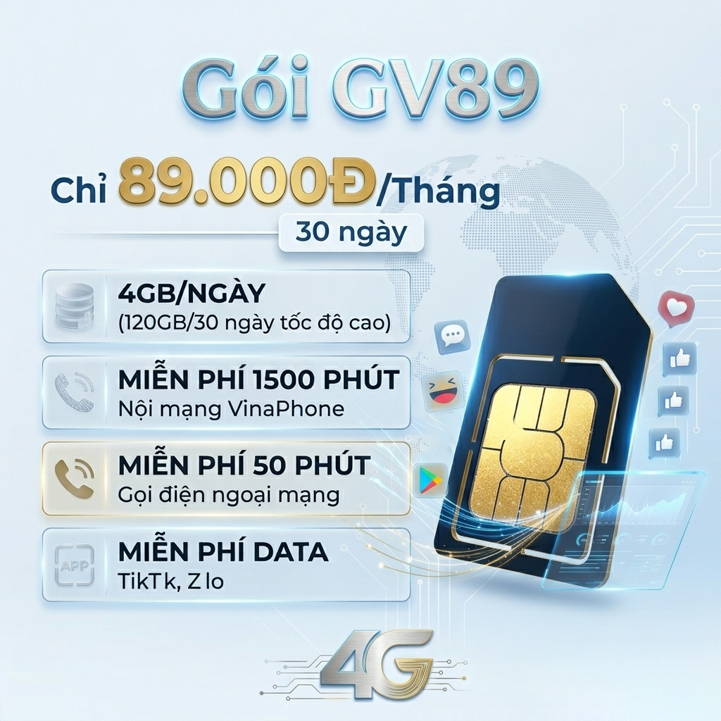 Sim 5G GV89 Vinaphone: 4GB/ ngày, 1500p nội mạng, 50p ngoại mạng, free tic, roola - Bách Hóa Sim