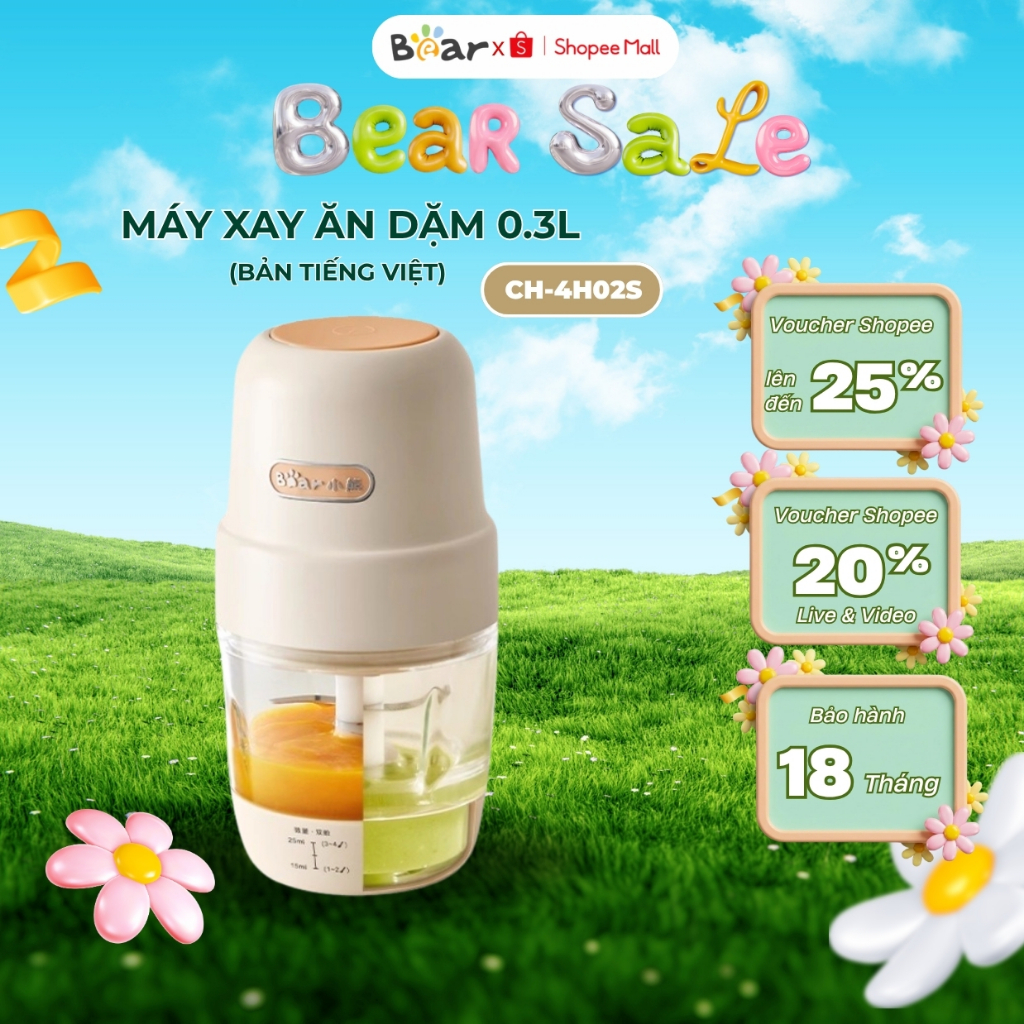 Máy xay ăn dặm mini cho bé 0.3L Bear CH-4H02S (QSJ-L02H2), 200W, 8 Lưỡi dao INOX, Bảo Hành 18 Tháng