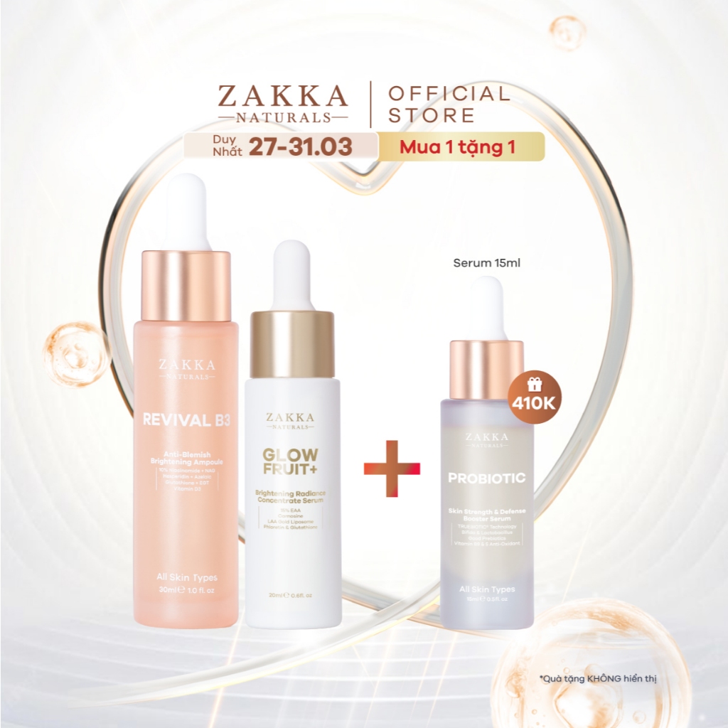 Bộ Đôi Zakka Naturals Serum Vitamin C GlowFruit+ 20ml và Serum B3 30ml Hỗ Trợ Làm Đều Màu Và Sáng Da
