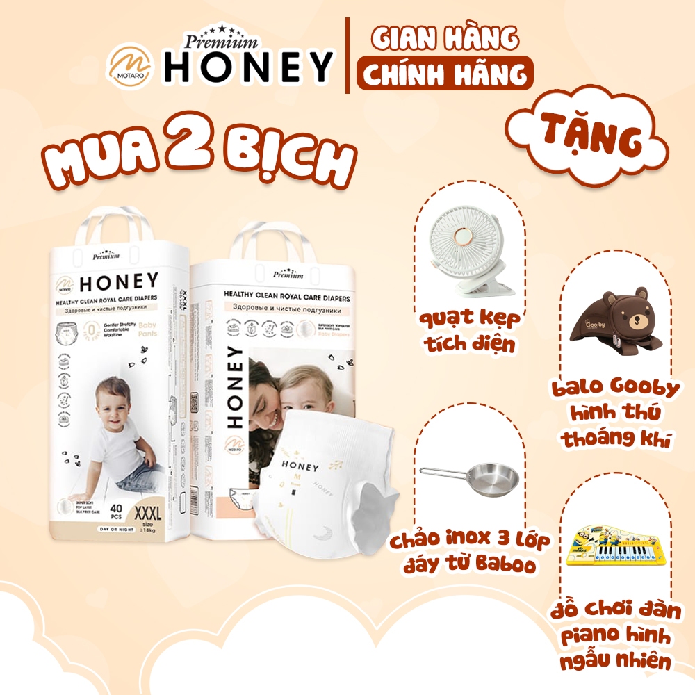 (Combo quà) 2 Bịch Tã/bỉm Honey Premium tơ tằm siêu mỏng nhẹ, thấm hút tốt đủ size cho bé 4-30KG