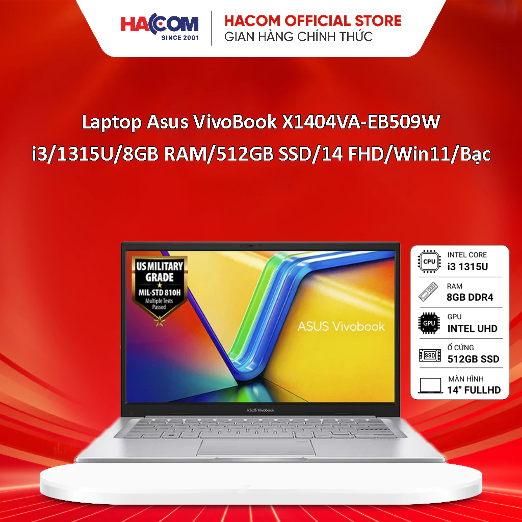 Laptop Asus VivoBook X1404VA-EB509W(i3/1315U/8GB RAM/512GB SSD/14 FHD/Win11/Bạc)-BH 24 Tháng HacomPC