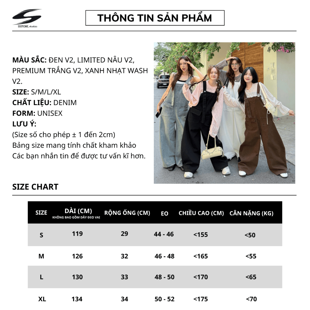 Quần Yếm Jeans V2 PREMIUM Ống Cong Form Rộng Unisex Nam Nữ Nhiều Màu SSSTORE.Aesthetic | BigBuy360 - bigbuy360.vn