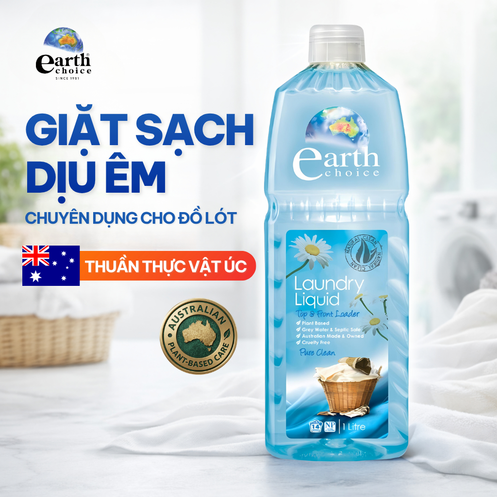 Nước Giặt Đồ Lót Thuần Chay Earth Choice Hương Hoa Cúc - Sạch Vết Bẩn, An Toàn Dịu Nhẹ Cho Da 1L