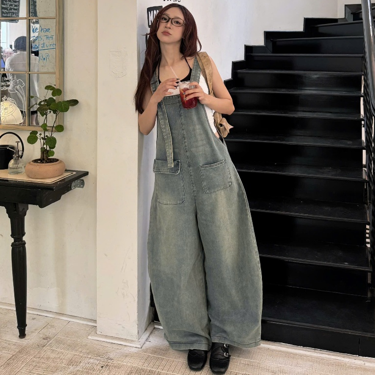 Quần Yếm Jeans V2 PREMIUM Ống Cong Form Rộng Unisex Nam Nữ Nhiều Màu SSSTORE.Aesthetic | BigBuy360 - bigbuy360.vn