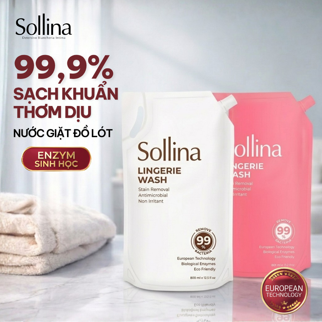 Túi Nước Giặt Đồ Lót Sollina 800ml Gấp Đôi Mềm Mại, Hương Thơm Dịu Nhẹ, Giữ Màu