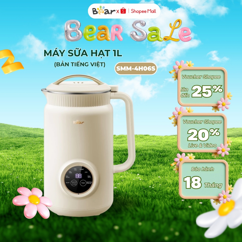 Máy làm sữa hạt 1L Bear SMM-4H06S (DJJ- D06W5),800W,Nấu sữa đậu nành,ngũ cốc,Xay sinh tố,BH 18 tháng