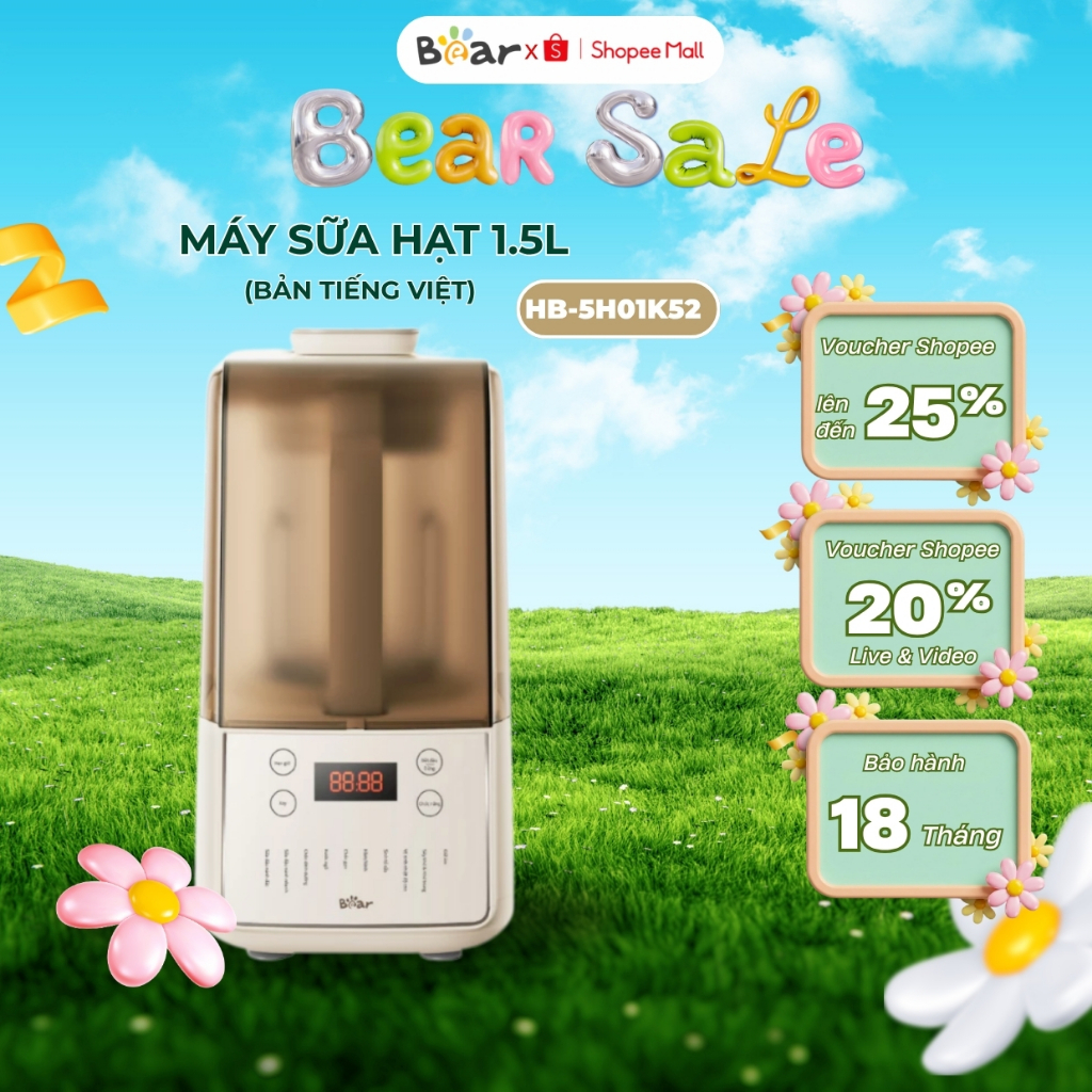 Máy làm sữa hạt 1.5L đa năng BEAR HB-5H01K52 (PBJ-F01G1), 1000W, 10 Lưỡi inox,10 Chế độ, BH 18 tháng