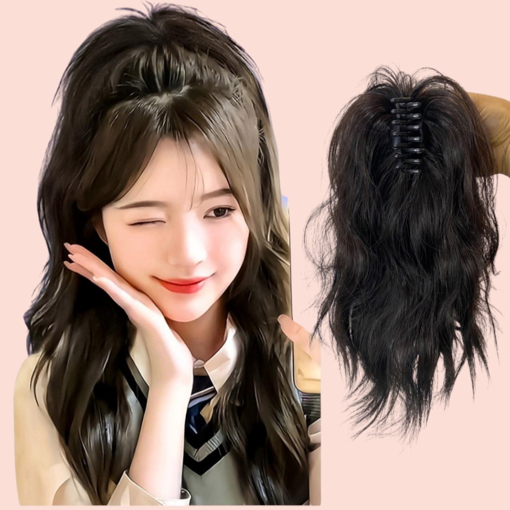 Tóc giả ngoặm nửa đầu xoăn nhẹ 35cm, Tóc kẹp đuôi ngựa nữ tự nhiên, Tóc giả nữ kẹp phồng Hàn Quốc