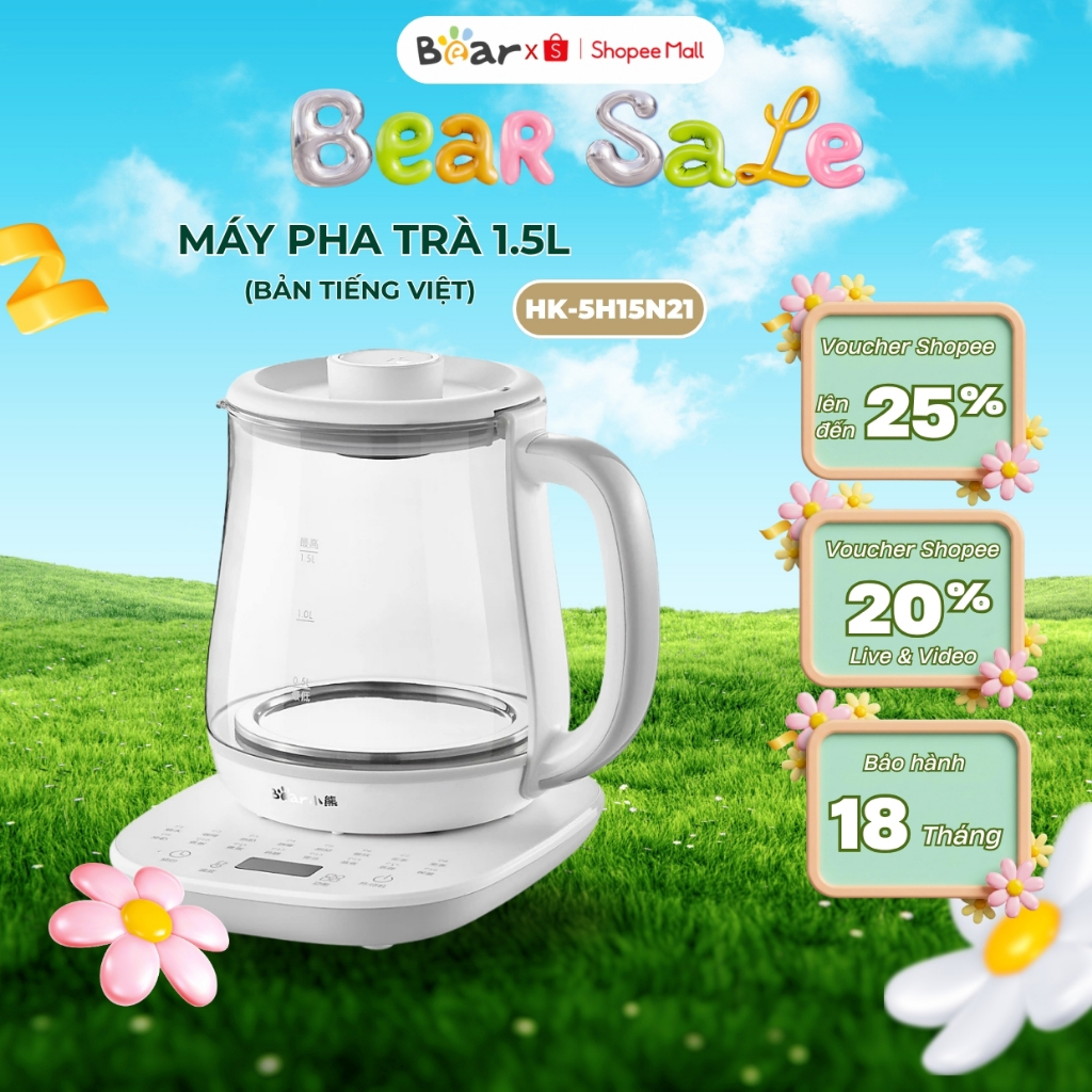 Ấm đun pha trà 1.5L siêu tốc Bear HK-5H15N21 (YSH-D15V7) - Công suất 800W, Giữ nhiệt, BH 18 Tháng