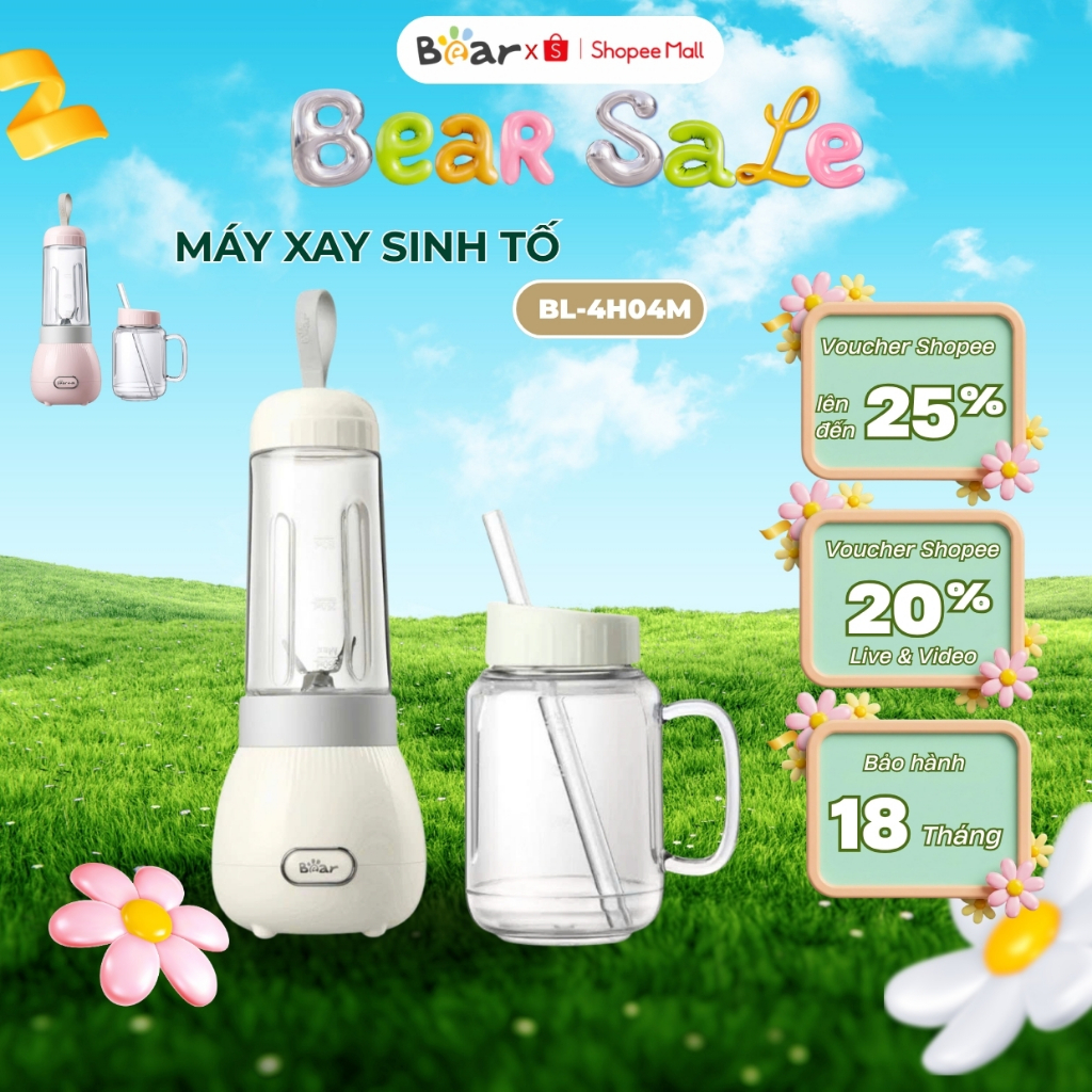 Máy xay sinh tố cầm tay mini đa năng Bear BL-4H04M (LLJ-C04W1), 200W,2 cối lưỡi dao inox,BH 18 tháng