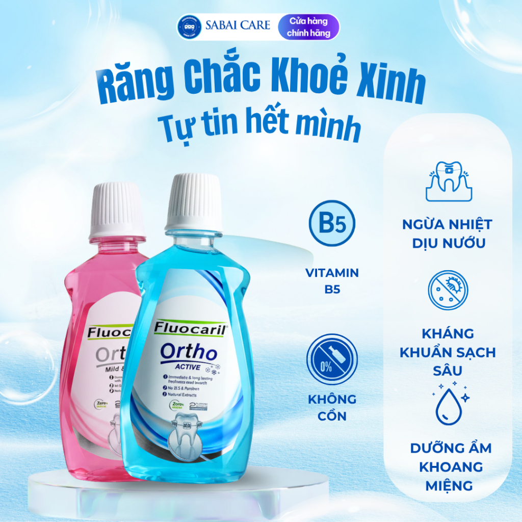 Nước súc miệng chăm sóc răng niềng Sabai Fluocaril Thái Lan, nước súc miệng ngừa sâu răng, khử mùi hôi miệng 500ml