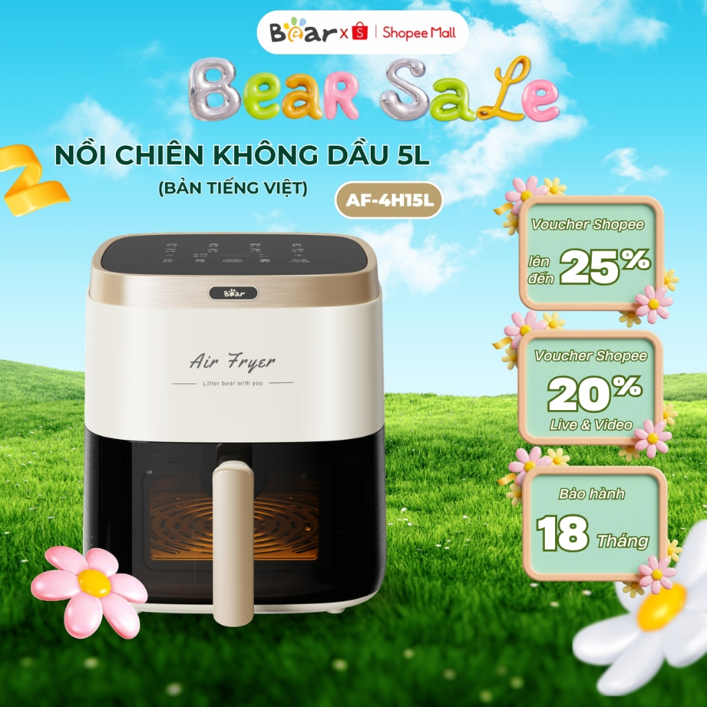Nồi chiên không dầu 5L Bear AF-4H15L (QZG-P15R8) - 1500W - Menu cài sẵn, Hẹn giờ nướng, BH 18 Tháng