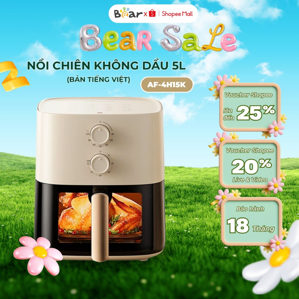 Nồi chiên không dầu Bear QZG-J15M1, Dung tích 5L, 1500W, Công nghệ đối lưu chín đều, BH 18 Tháng