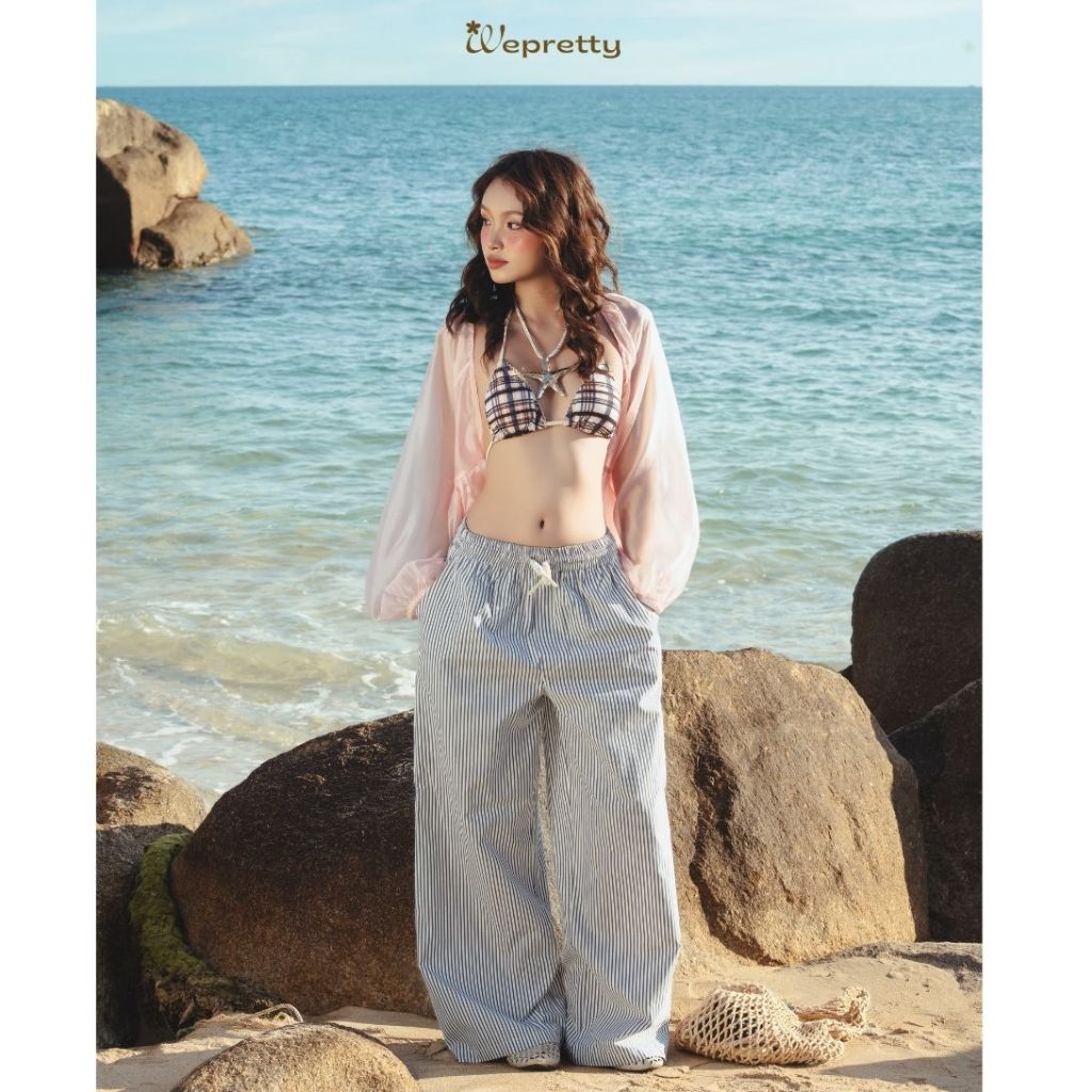 Q04 COCO PANTS Wepretty Clothes Vải Thô Cotton Hoạ Tiết Sọc Ống Suông Đi Biển Phối Màu Pastel