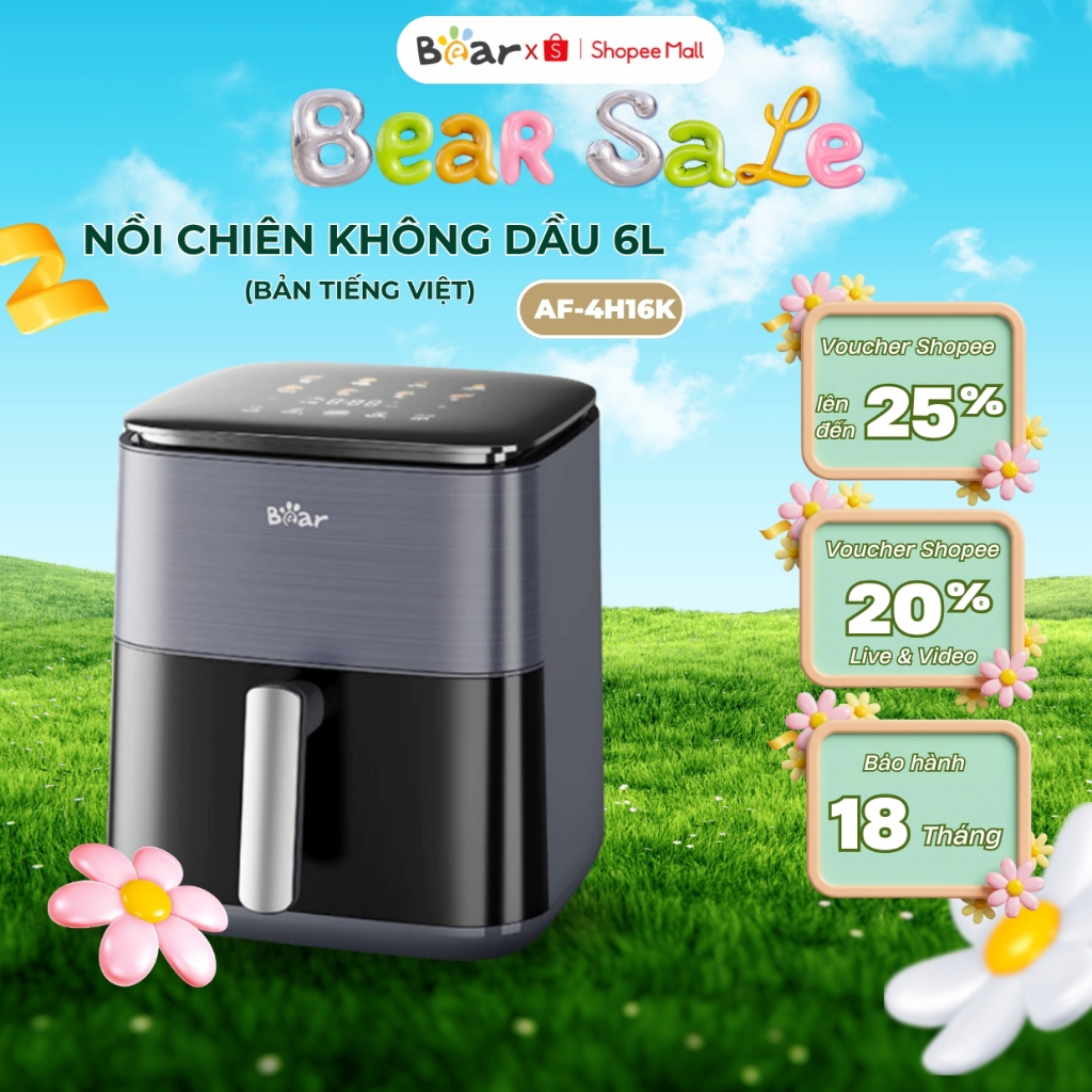 Nồi Chiên Không Dầu 6L Bear AF-4H16K (QZG-H16R3), Csuất 1600W, Menu Cảm Ứng, Rã Đông, BH 18 Tháng