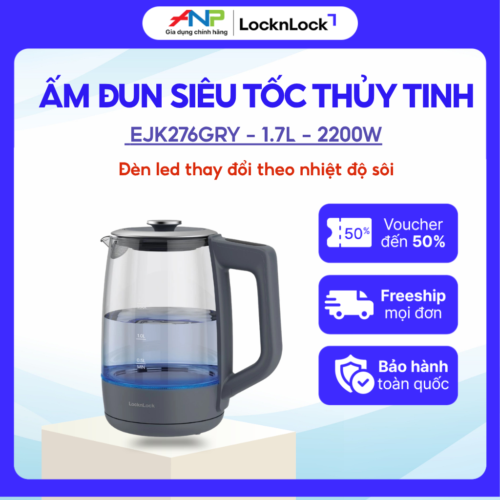 Ấm Siêu Tốc thủy tinh LocknLock EJK276GRY 1.7L – Đèn led theo nhiệt độ sôi, 5 Mức Nhiệt, Giữ Ấm 12H