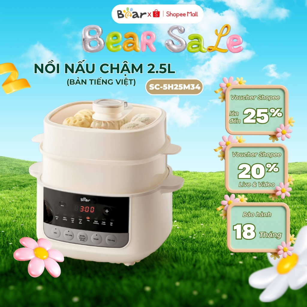 Nồi nấu cháo chậm 2.5L cho bé Bear SC-5H25M34 (DDZ-J25G2), 600W, Hầm- Chưng Yến-Kho Cá, BH 18 Tháng