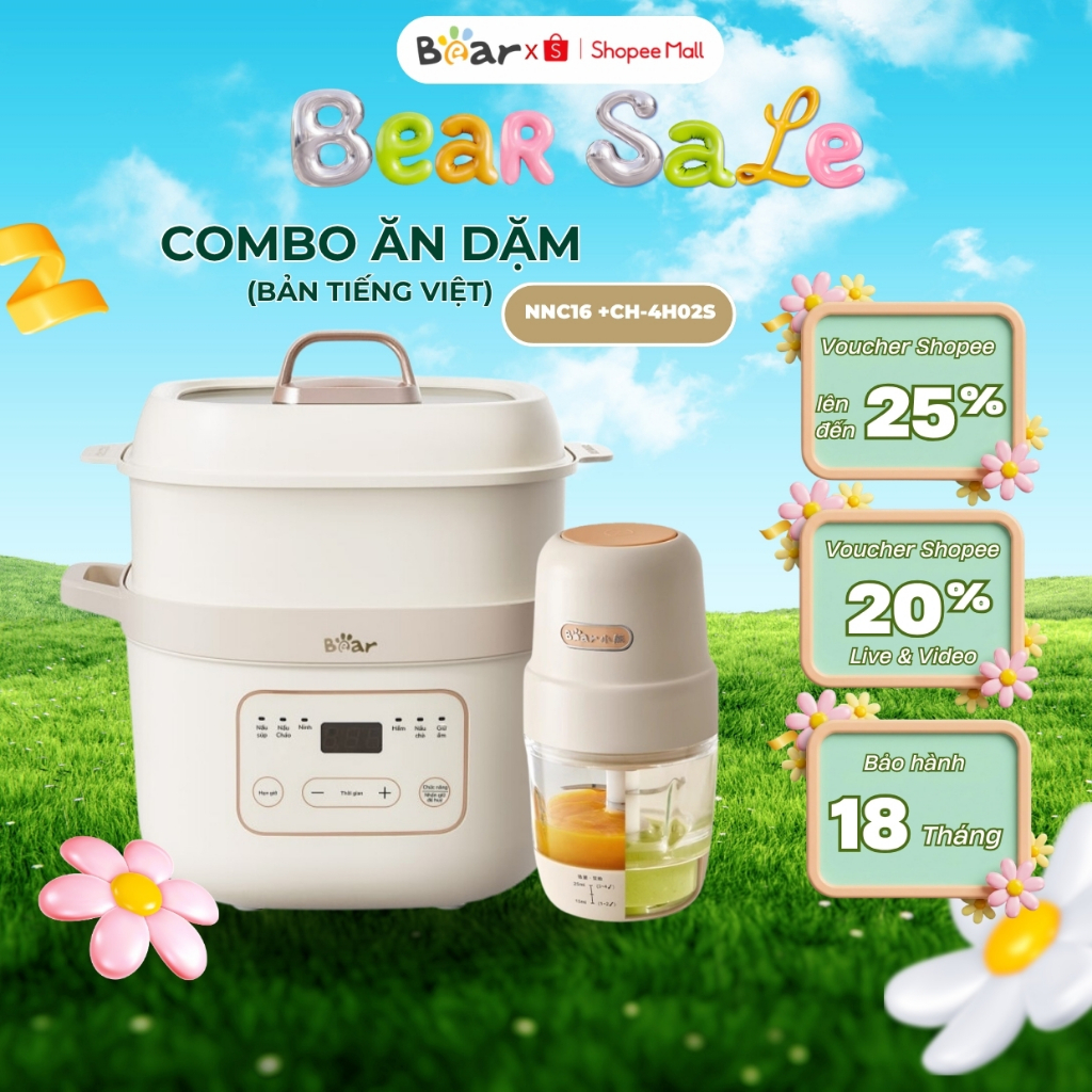 COMBO Nồi nấu cháo chậm 1.6L Bear SB-NNC16 và Máy xay ăn dặm 1 cối 8 Lưỡi Bear CH-4H02S,BH 18 Tháng