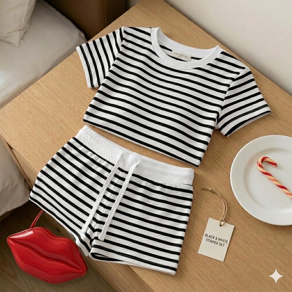 SET Áo Thun Nữ Kẻ Sọc Phối Quần Ngắn Dáng Ôm Kiểu Năng Động La_belle_18 | BigBuy360 - bigbuy360.vn