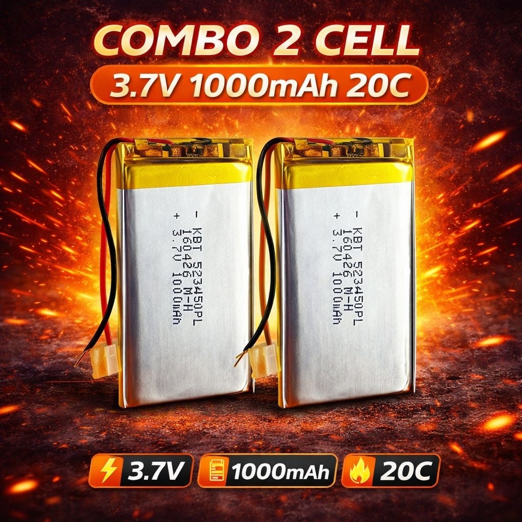 🔥 Combo 2 cell Pin LiPo 3.7V 1000mAh 523450 Có Mạch Bảo Vệ (BMS) – Pin Sạc Lithium Polymer