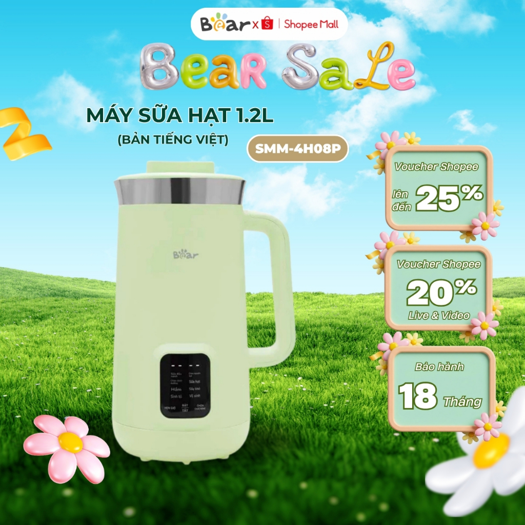Máy Làm Sữa Hạt Đa Năng Bear SMM-4H08P (DJJ-E08R1),Dung Tích 1.2L, 8 Chế Độ Nấu, Xay Sinh Tố, Giữ Ấm