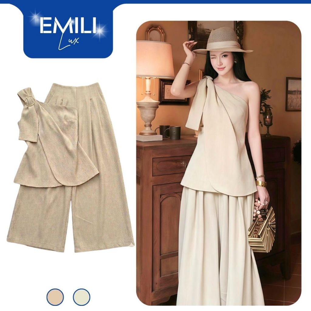 Set bộ sang chảnh áo lệch vai 2 tà phối quần ống rộng Emili Lux đi chơi, đi biển thanh lịch B192