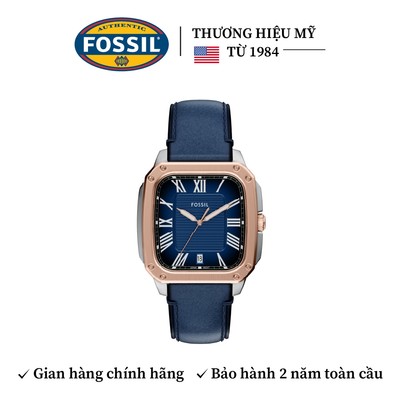 Đồng hồ nam Fossil CROSBY FS6149 mặt vuông xanh dương, 42MM, 3 kim xem ngày, viền vỏ vàng hồng, dây da thật