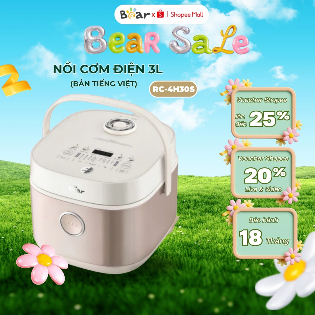 Nồi Cơm Điện 3L Bear RC-4H30S (DFB-H30A3),Lòng Nồi Gang 1L Đa Năng Nấu Cháo Hầm Hâm Nóng,BH 18 Tháng