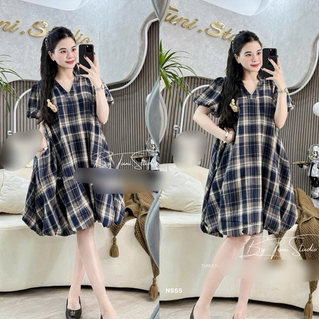 váy kẻ xuông babydoll kèm gấu ôm kẹo siu xinh M126