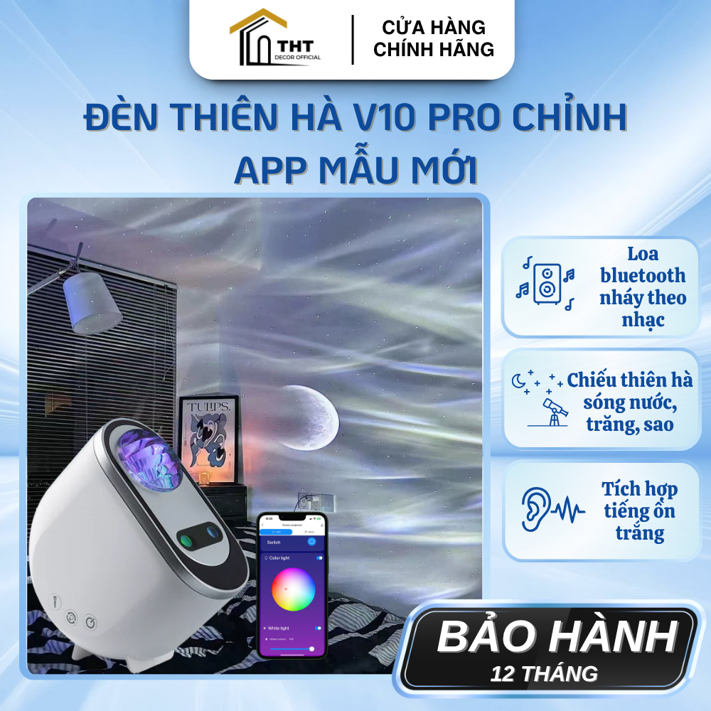 Đèn Thiên Hà V10 Pro Chỉnh App THT DECOR Mẫu Mới Đèn V10 Pro Chiếu Sóng Nước Trăng Sao Nháy Theo Nhạ