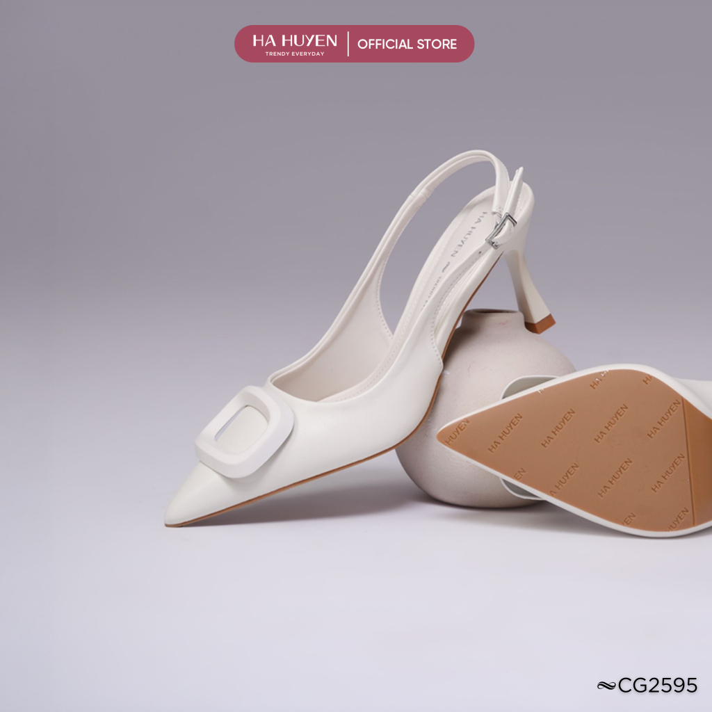 Giày cao gót nữ HÀ HUYỀN da lì mũi nhọn khóa O nhựa quai hậu gót nhọn 8cm - CG2595