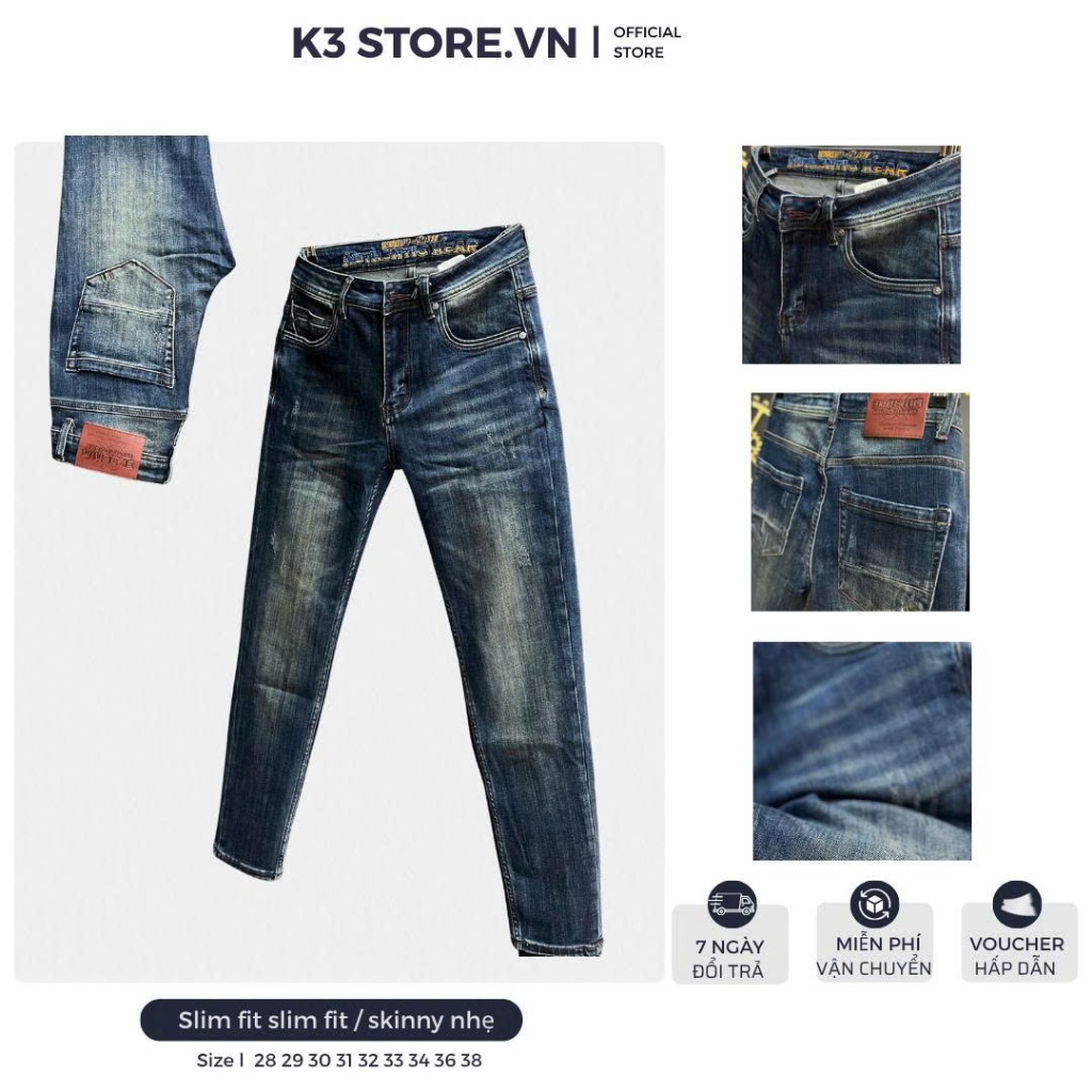 [K3 STORE VN] Quần Jean Guangzhou  Nam Dài J4005-3K194 Màu Xanh Was Phủ Rêu Lưng Thêu TunR1990 Mẫu M