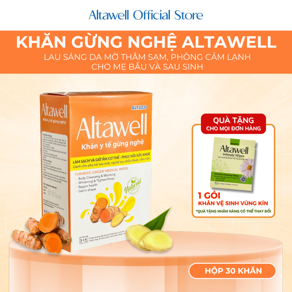 Khăn Gừng Nghệ Altawell - Hỗ Trợ Làm Sạch Khử Mùi Sáng Da Giữ Ấm - Nghệ Nano Curumin Hiệu Quả