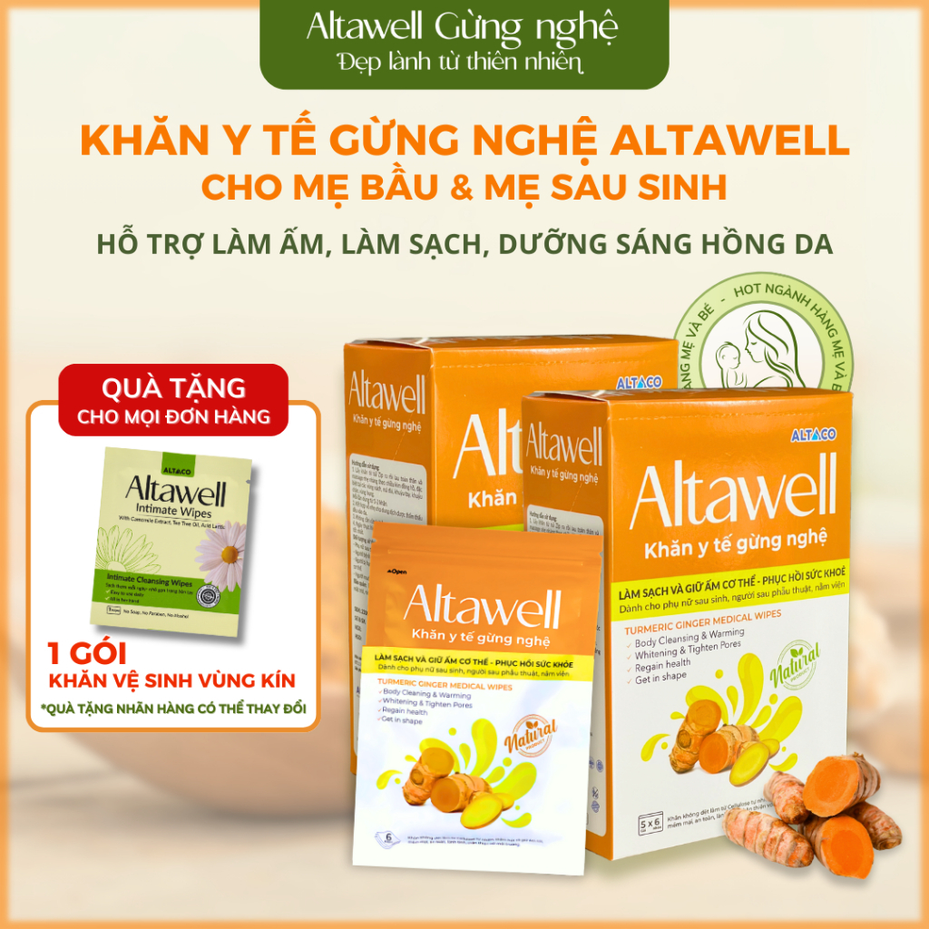 Khăn Y Tế Gừng Nghệ Altawell Hộp 30 Khăn, 1 Gói 6 Khăn Hỗ Trợ Làm Sạch Khử Mùi Sáng Da Giữ Ấm Cho Mẹ Bầu