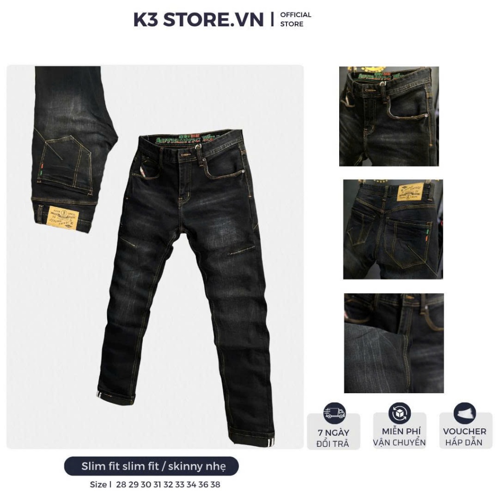 [K3 STORE VN] Quần Jean 3K DENIM Nam Dài Màu Đen Was Đi Đường Chỉ Nổi Vàng Đồng M9-J3928