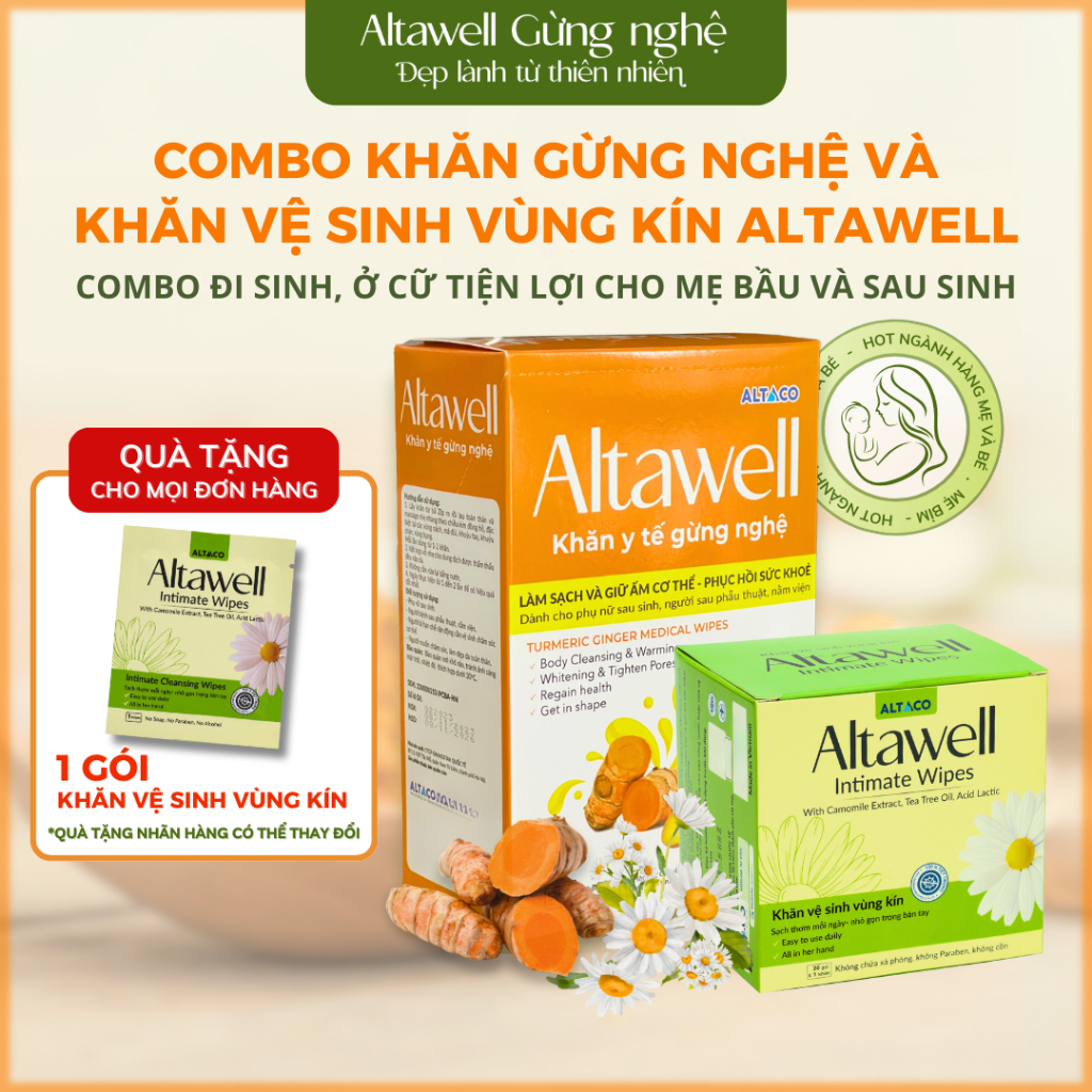 Combo Đi Sinh Altawell Khăn Y Tế Gừng Nghệ & Khăn Vệ Sinh Phụ Nữ - Hỗ Trợ Làm Sạch, Khử Mùi, Lành Tính, Tiện Lợi