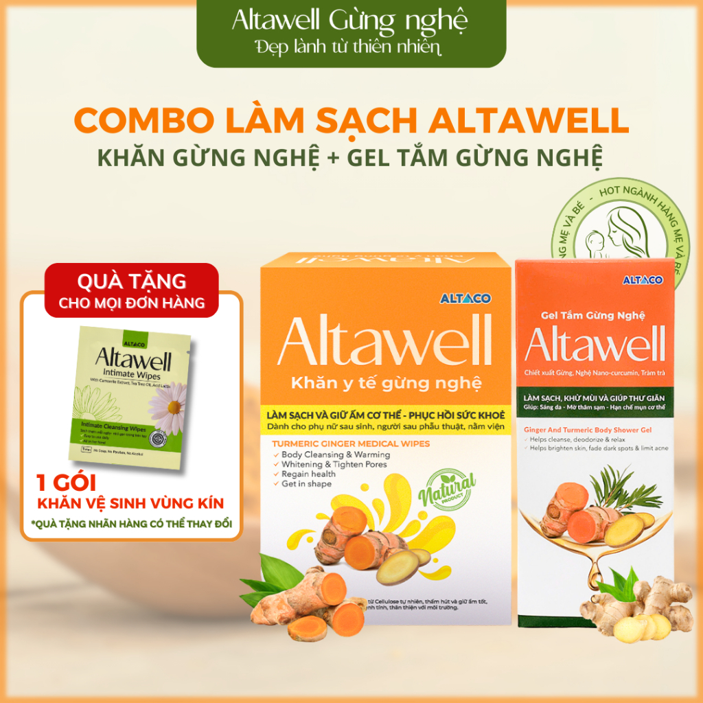 Combo Làm Sạch Altawell Khăn Y Tế Gừng Nghệ & Gel Tắm Gừng Nghệ Hỗ Trợ Làm Sạch, Khử Mùi, Hỗ Trợ Sán